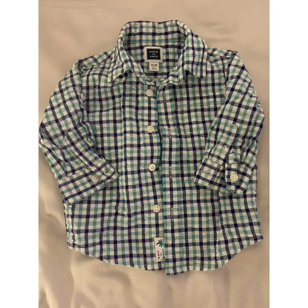 Janie And Jack Blue Green Plaid Shirt size 3-6m